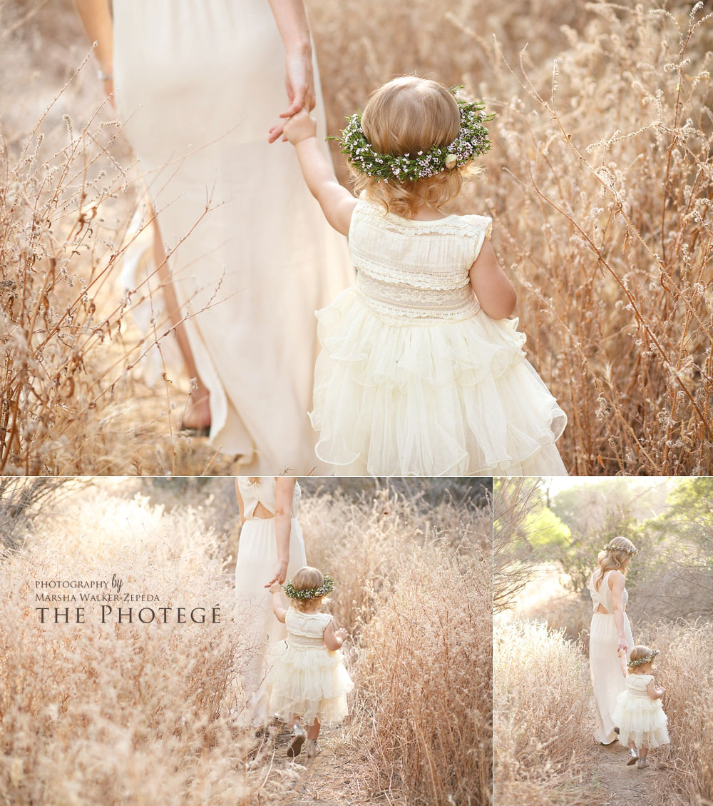 mommy and me photo session with beautiful flower crowns and nature scene in bakersfield, california