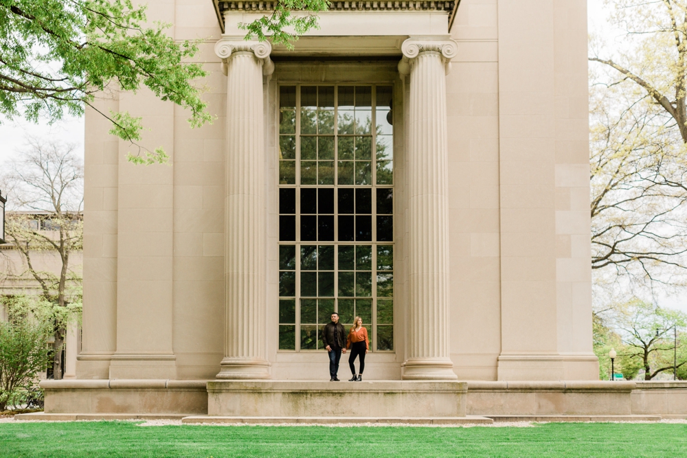 engaged couple standing in front of MIT, MIT engagement session